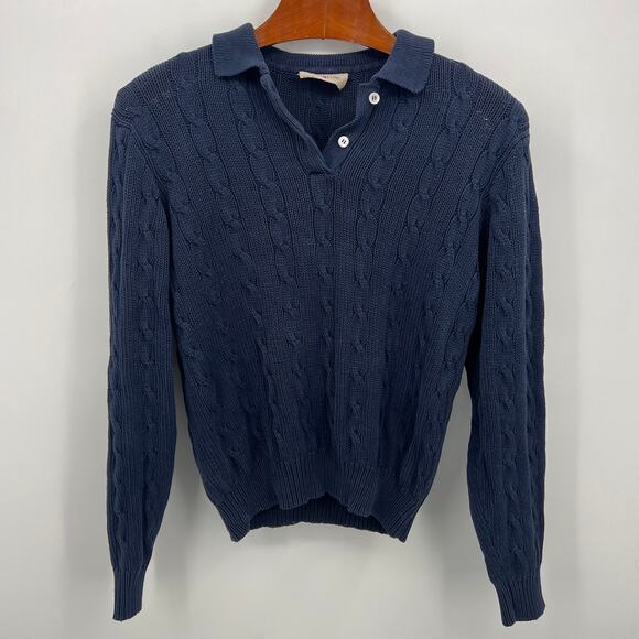 J.Crew Outfitters Cable Knit Polo Sweater M Navy Vintage Prep Classic Y2K - Picture 2 of 5